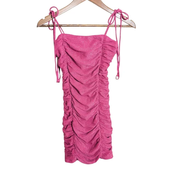 Jump Apparel Y2K Pink Metallic Sparkle Ruched Bodycon Mini Dress - Picture 1 of 7